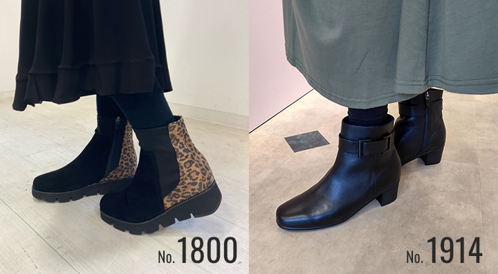左 No.1800 フロントストレッチ厚底ブーツ。右 No.1914 スクエアトウベルテッドブーツ。